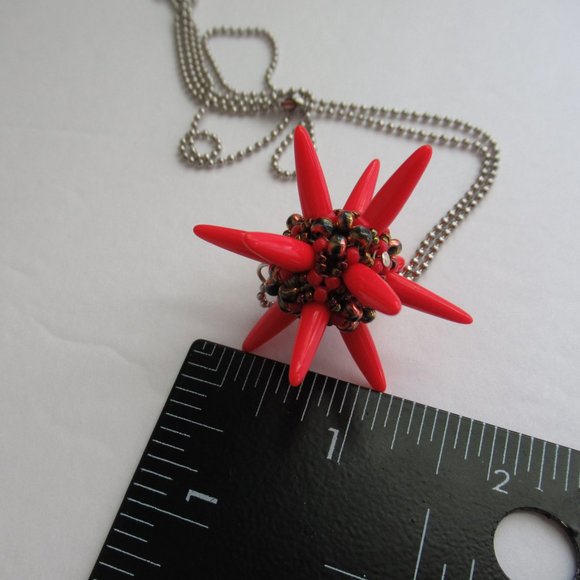 Handwoven Red Spiked Beaded Bead Pendant - Picture 7 of 8